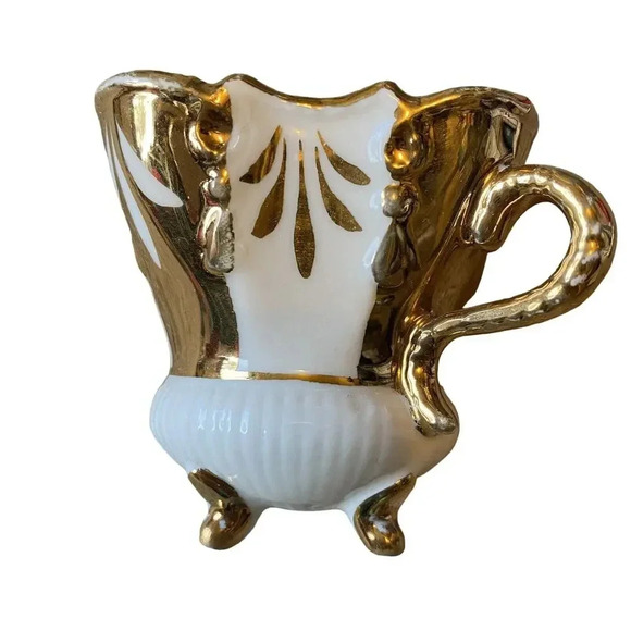 Antique 1498 Mini Tea Cup No Saucer White Porcelain Gold Plated Cottagecore - Picture 1 of 9